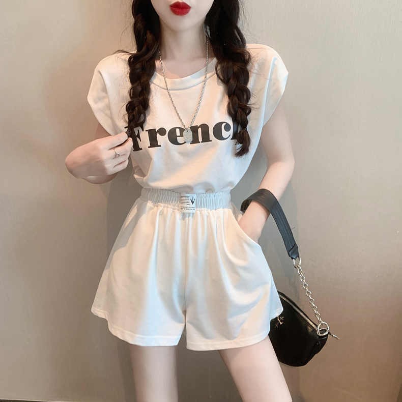 European and American Sports Style suit Fashion Design Backless T-shirt Letter Top Wide Leg Pants Shorts Casual Two-piece Set