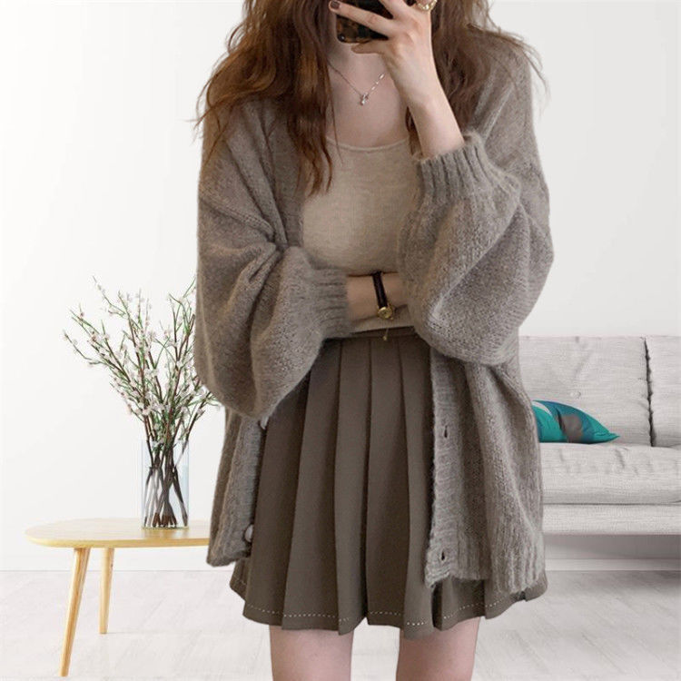 2022 Korean style plus size soft glutinous lazy style brown sweater knitted loose cardigan women's autumn and winter outer wear thin coat