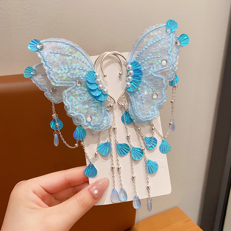 Picture of Children's Mermaid Tassel Earrings Girls Super Fairy Butterfly Shell Earrings Little Girl Princess Elf Earrings Accessories