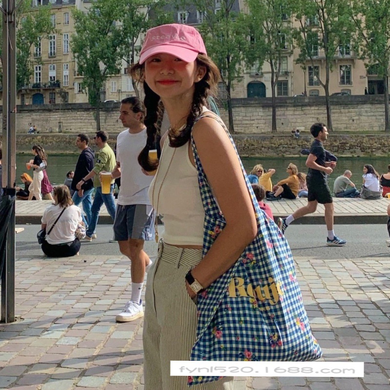 Picture of "Rollyrolly" Feverouje Blue Plaid Flower Logo Printed Bag French Bamboo Bag