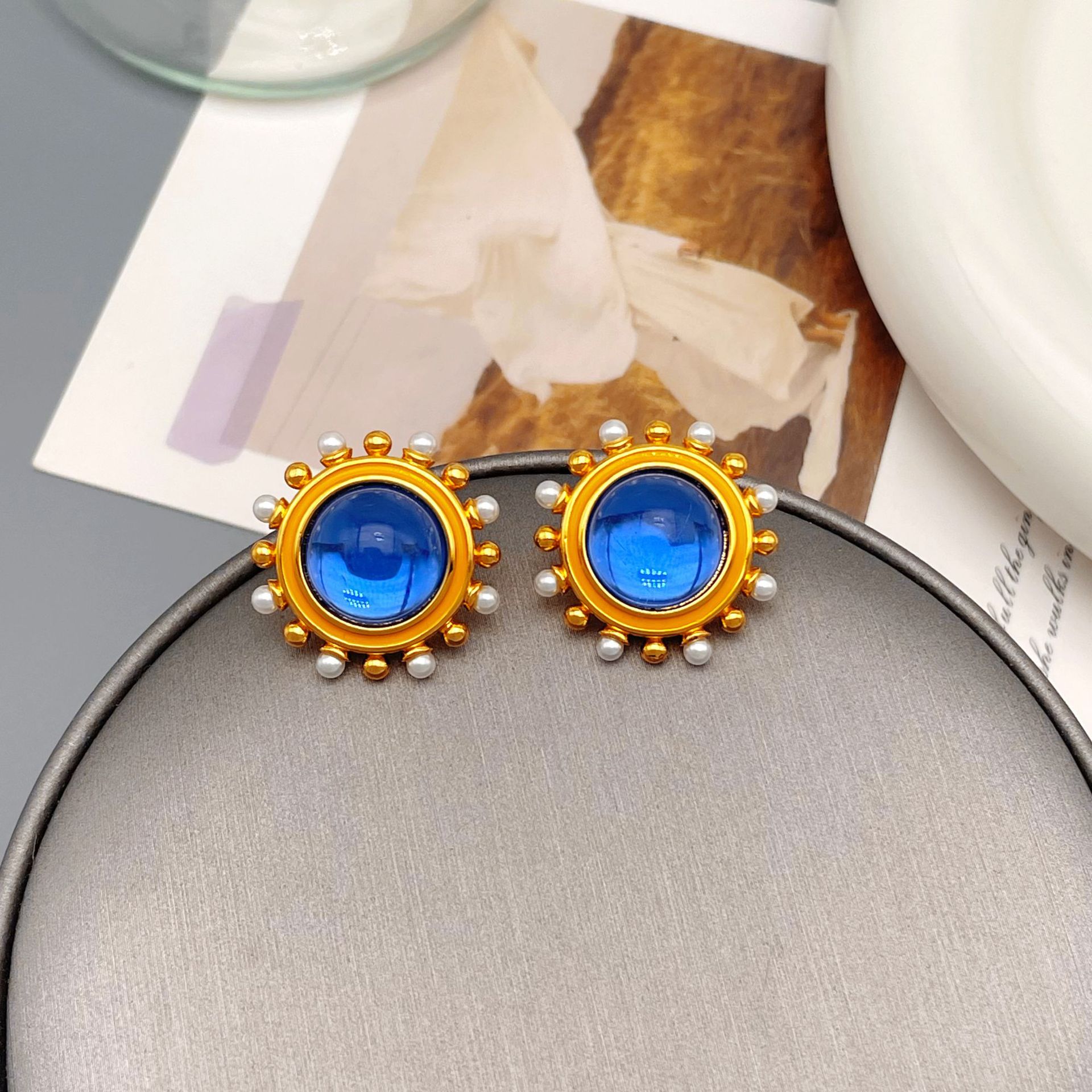 French retro Vintage round colored glaze pearl drop glaze earrings senior niche temperament design jewelry