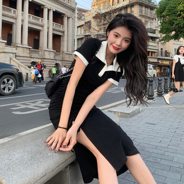 French polo Collar Split Dress Women's 2023 Summer New Design Sense Niche A- Skirt Mid-Length Skirt