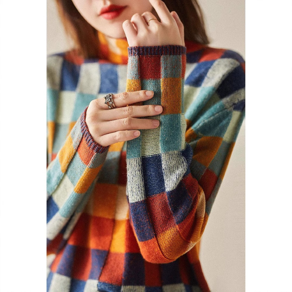 Women's High Collar Cashmere Knitted Base Shirt 2024 Autumn and Winter New Stylish Inner Small Shirt Chessboard Fashion Sweater