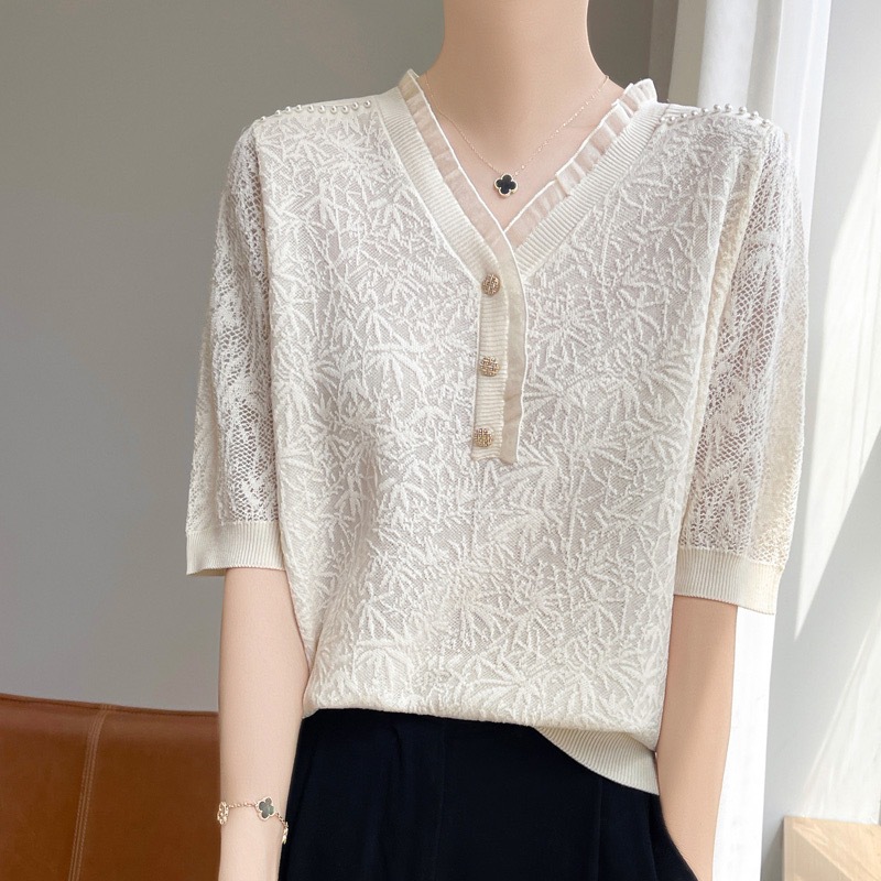 French Crochet Cut Out V Neck Beading Design Ice Silk Knitted Short-Sleeved T-Shirt for Women Casual Loose Versatile Top