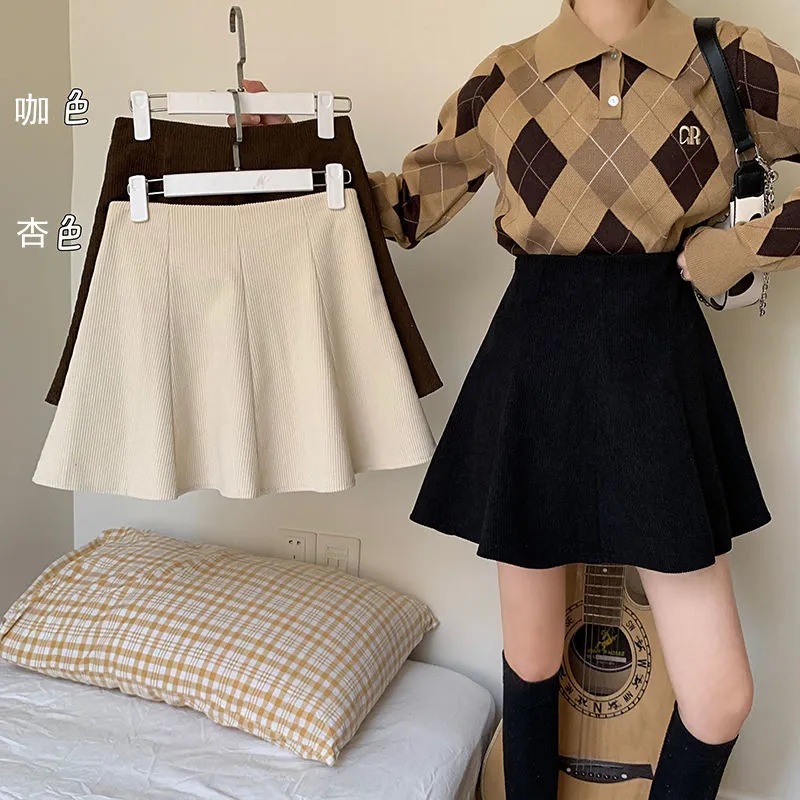 Corduroy skirt women's mm autumn and winter small 202 years new high waist slim A- line casual black short skirt