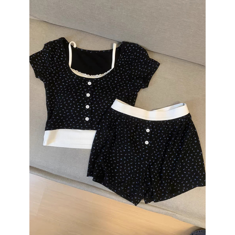 Pure Desire Sweet Floral Pajamas with Chest Pad Women's Summer 2024 New Slim Fit Home Clothes Short Sleeve Shorts Set