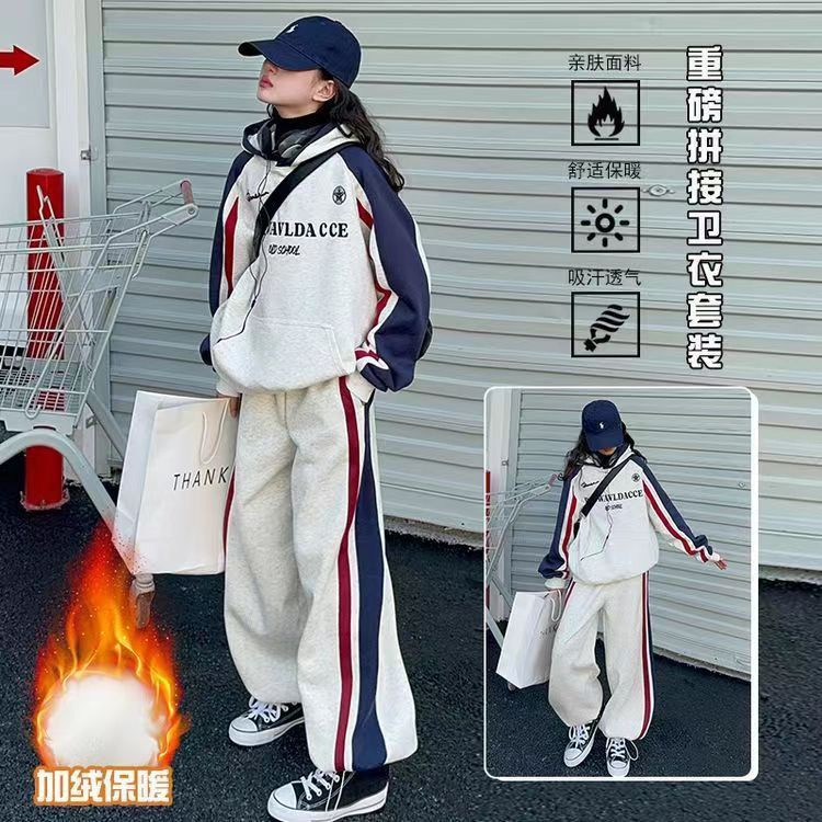 Girls' Winter Clothing One-piece Velvet Suit 2024 New Style Korean-style Hooded Sweat Pants Fashionable Two-piece Fashionable Set
