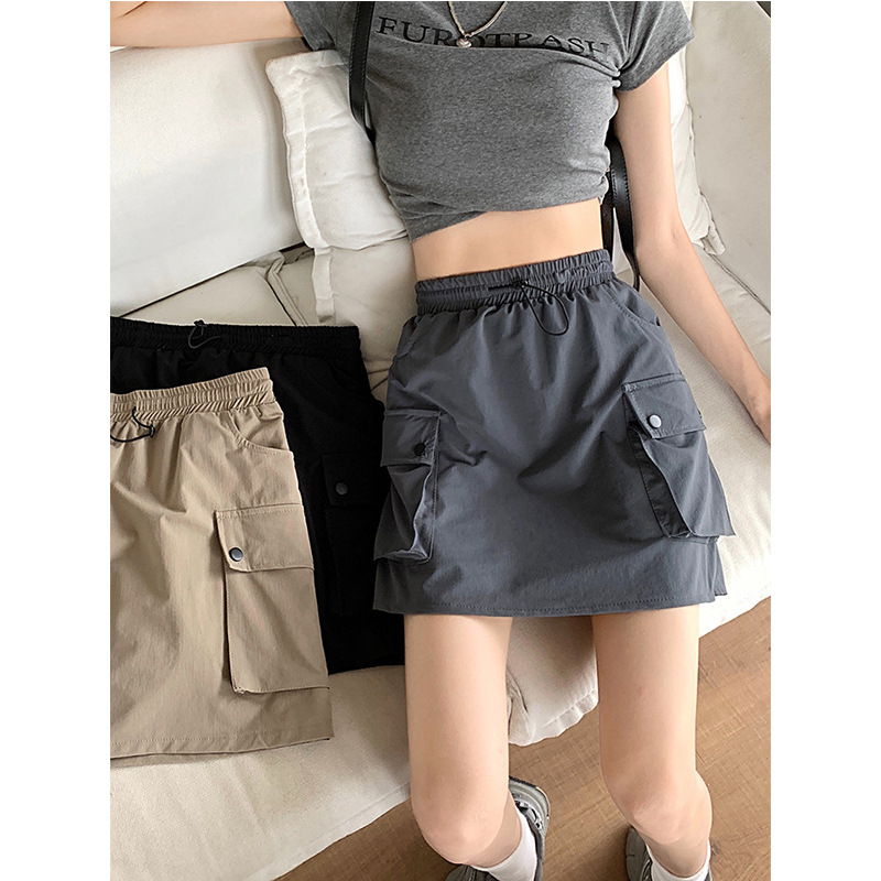 Picture of Drawstring Skirt Women's Summer Casual Short Skirt Niche Slimming Grey Loose Waist Skirt Workwear A- line Skirt
