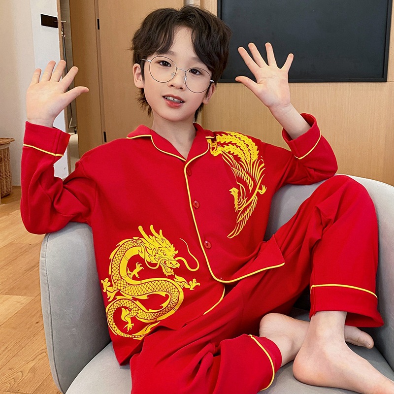 Picture of Spring and Autumn boys' pajamas pure cotton long-sleeved red animal year Festive dragon year little boy children's homewear suit