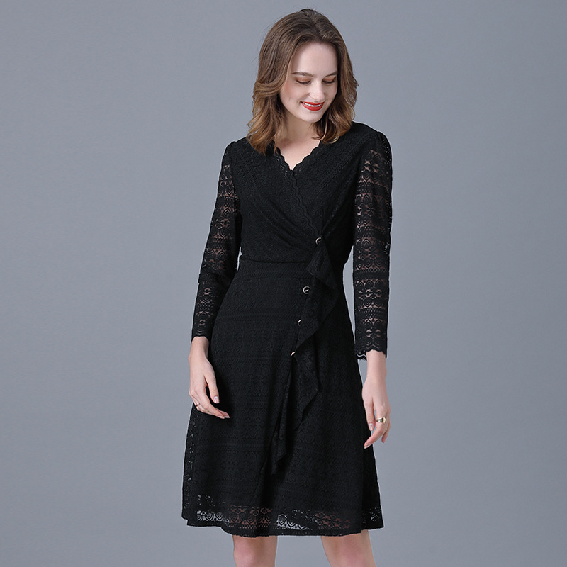 Picture of Lace dress European and American plus size spring new black socialite V-neck stretch sexy slimming versatile A- line skirt