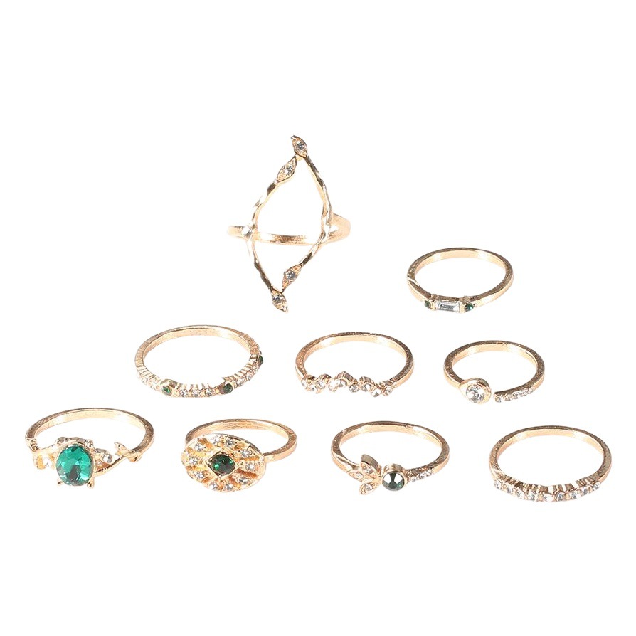 European and American Fashion Diamond Emerald Joint Ring 9-Piece Combination Set with Exquisite Stylish