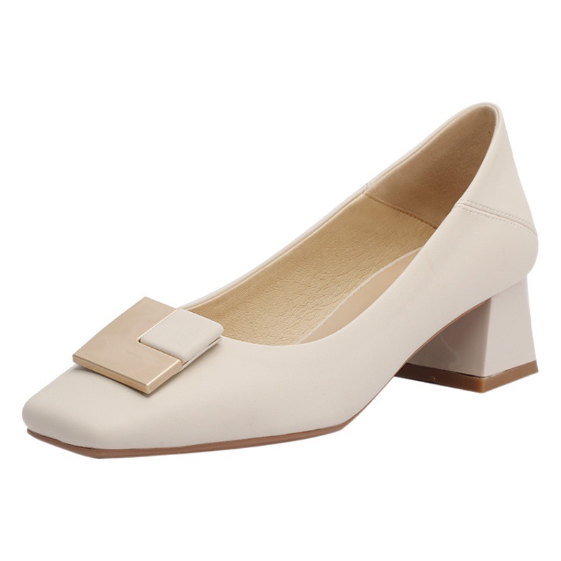 Picture of 332-6 Sheepskin Square Buckle Chunky Mid-Heel High Heels Women's Square-Toe Granny Shoes Soft Leather 5cm Metal Elements
