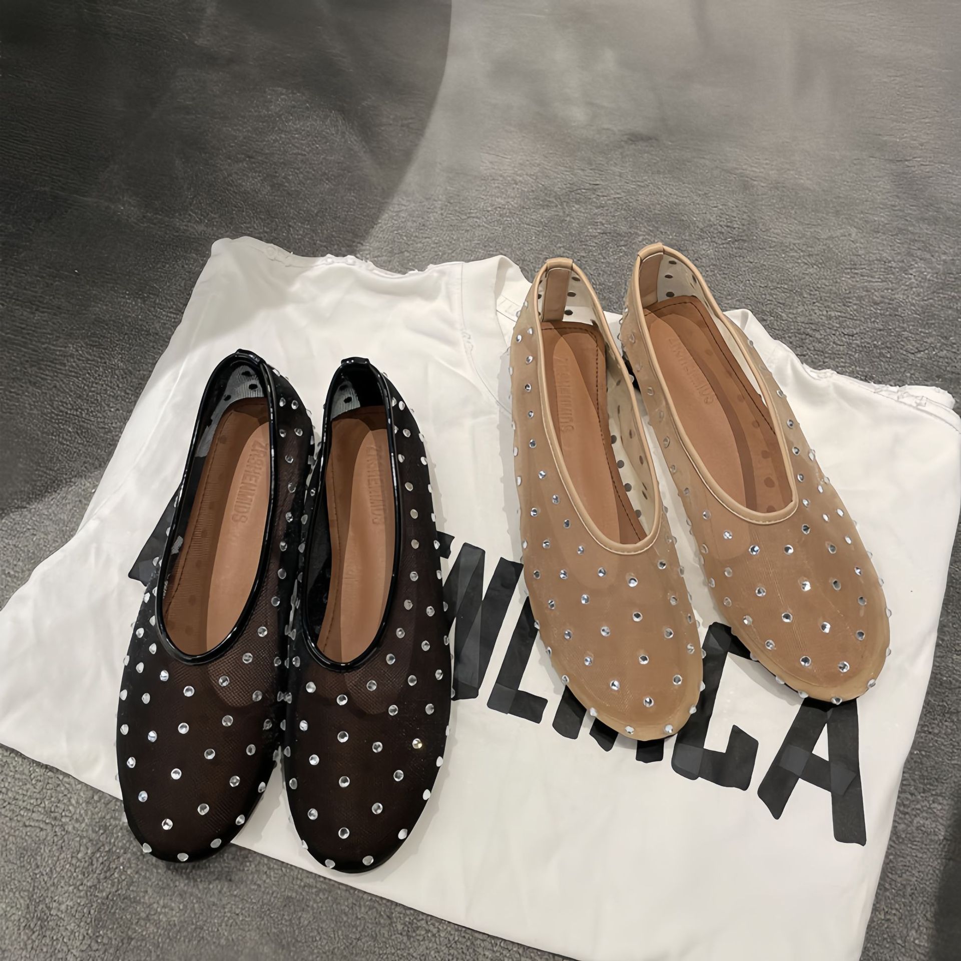 Sheepskin version ~ spring and summer new fashionable round toe rhinestone Mary Jane single shoes Women's Flat comfortable ballet dancing shoes