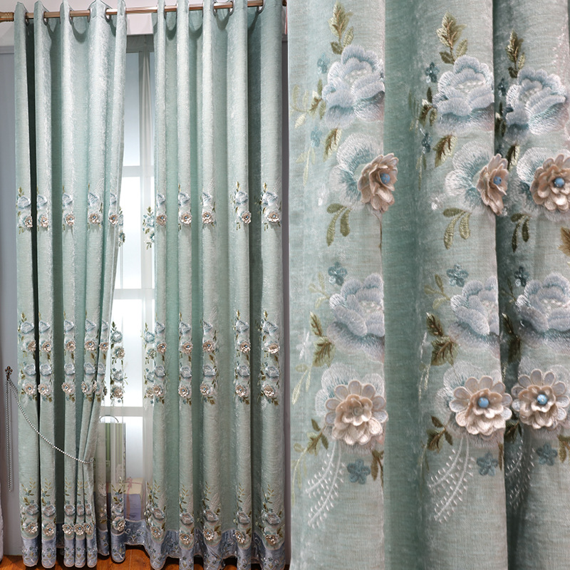 Meisi Mengsha thickened chenille embroidered curtain fabric bedroom girl's room Korean style curtain fabric green New