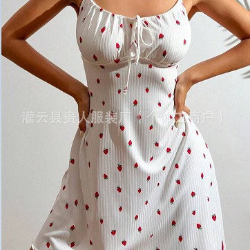 2024 new cross-border strawberry suspender skirt shorts two-piece pajamas women's thin pure age-reducing slimming casual in