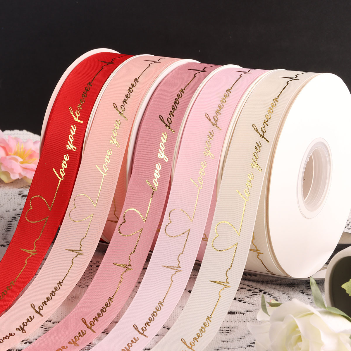 Bronzing Rib Heart Ribbon Floriculture Packaging Fresh Flower Bundle Ribbon Heart Ribbon Thread Ribbon 2.5cm Wide Ribbon Ribbon