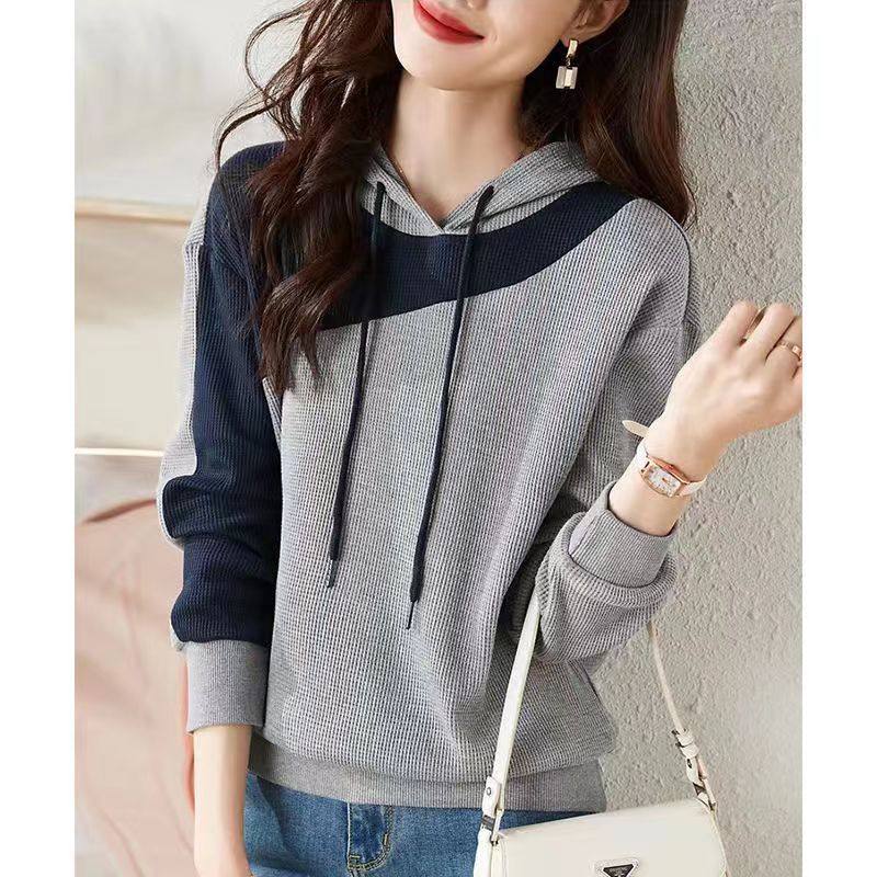 Picture of 2024 Spring and Autumn New Waffled Hooded Sweatshirt Women's Long-sleeved Stitching Loose Slimming Belly Covering Casual All-match Top