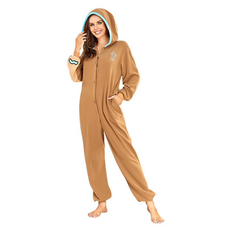 Cross-Border Christmas Gingerbread Man Couple Fleece Onesie Cosplay Adult Performance Costume Holiday Party