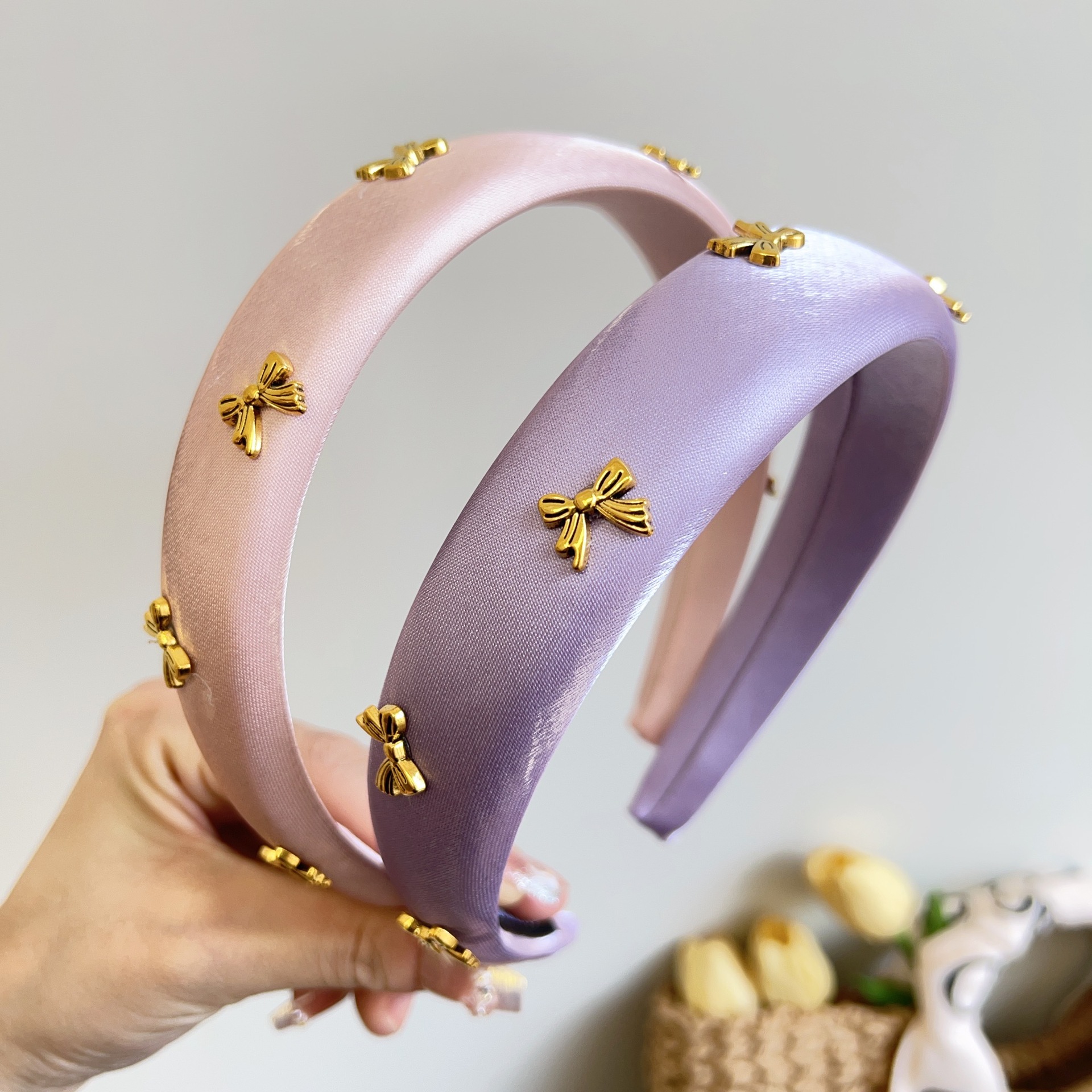 Spring and Summer Solid Color Sponge Bow Headband Korean Style Satin High Cranial Top Pressure Headband Niche Simple All-match Hair Accessories