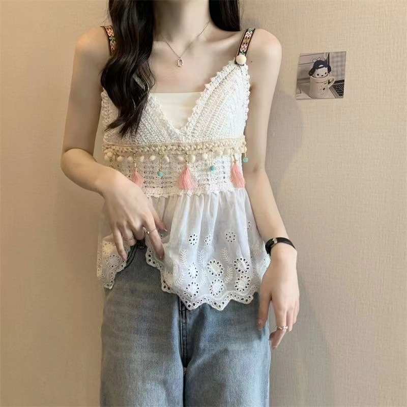 Ethnic Style Camisole Women's Outer Wear 2022 New Sexy Short Tassel Ball Knitted Summer Vacation Top