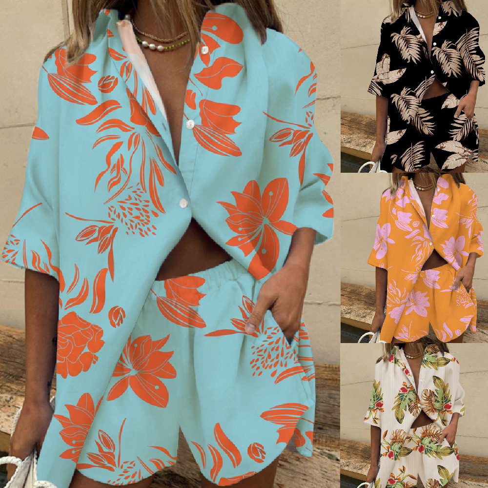 European and American New Women's Cross-border Lapel Short-sleeved Printed Shirt Two-piece Set Wide-leg Staggered Waist Pants Shorts