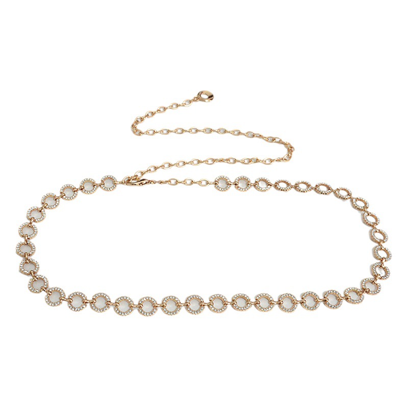 Cross-border new ladies belt waist rhinestone inlay round ring buckle decorative metal chain waist chain waist chain spot