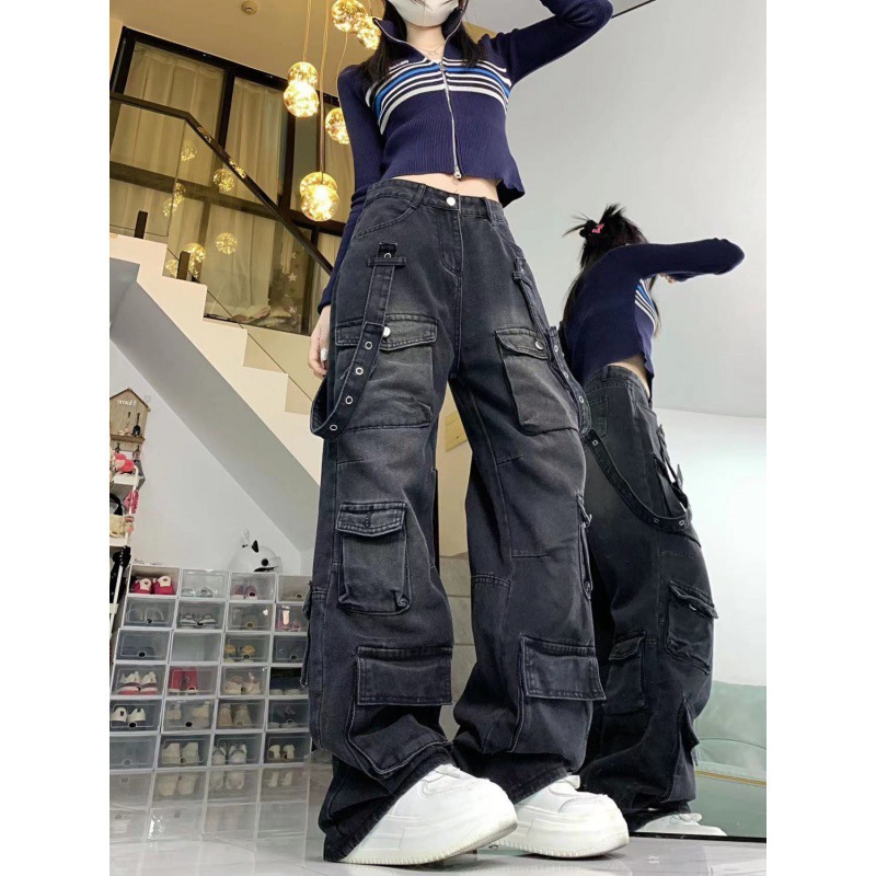 Picture of American Style High Street Multi-Pocket Tooling Jeans Women's Autumn and Winter Strap Design Sense Loose Slimming Wide Leg Trendy Trendy Pants