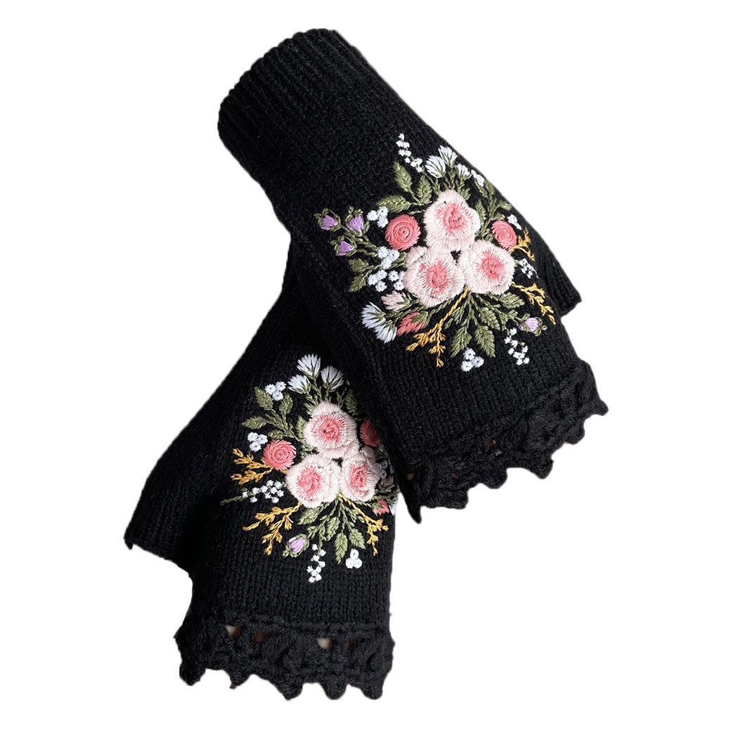 Cross-border Amazon independent station new women's autumn and winter warm handmade crocheted embroidered floral half finger knitted gloves