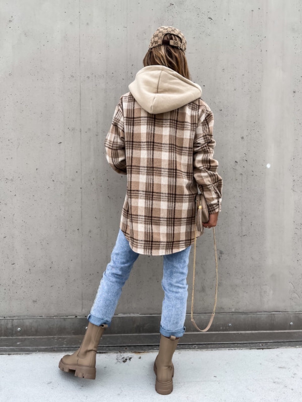 Picture of Ins Hot Autumn European and American Laps Loosen Women's Hooded (Removable) Plaid Woolen Jacket
