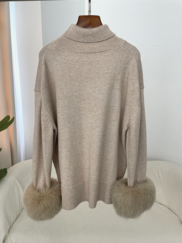 Amazon AliExpress Explosions Thickened Knitwear Autumn and Winter New Loose High Neck Real Fox Cuff Hair Sweater for Women