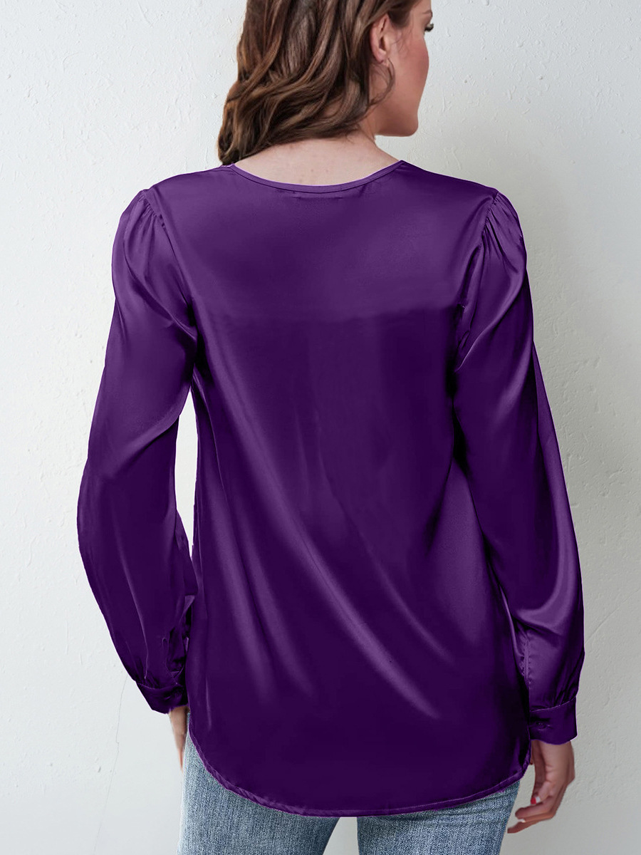 Picture of 2025 Amazon Popular Women's Clothing Satin Pleated Long-Sleeved Top V Neck Casual Loose Satin Commuter Shirt