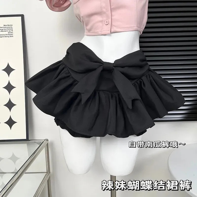 Summer Sweet Girly Bow Culottes 2024 New Style Simple Hot Girl High Waist Slimming All-match Ponte Dress for Women