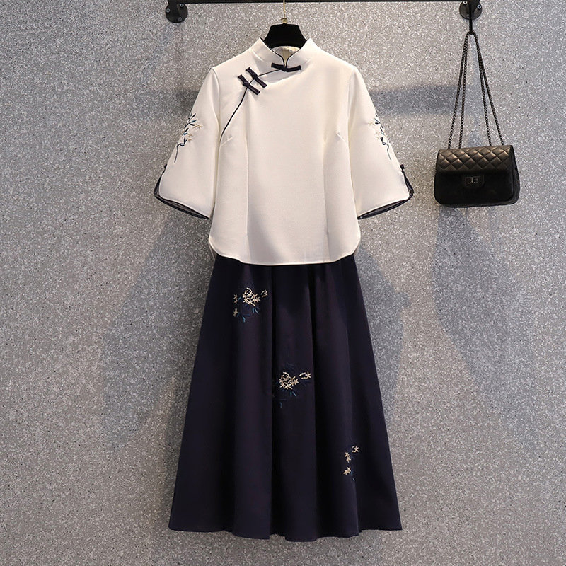 Picture of Improved Zen Tea Suit Top Embroidered with Cheongsam Style Chinese Style Three-Quarter Sleeves Bestie Outfit Stand Collar Plate Button Tang Suit Spring and Summer Zen Rhyme