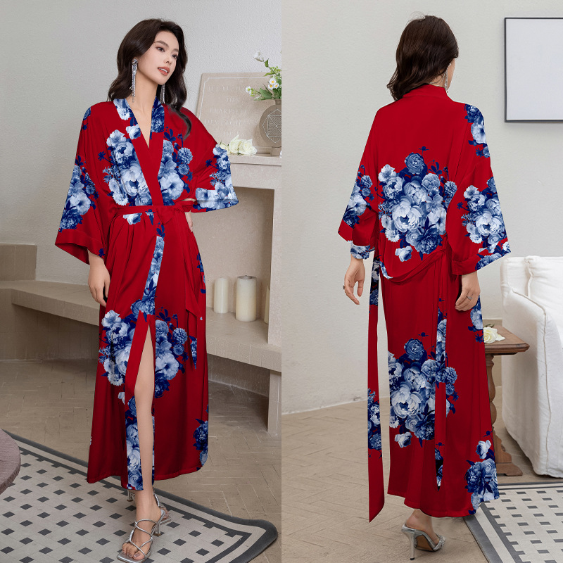 Picture of Yaoting Satin Printed Pajamas for Women Summer Large Size Accessible Luxury Three-Quarter Sleeves Cool Long Nightgown Home Wear Women Wp2669