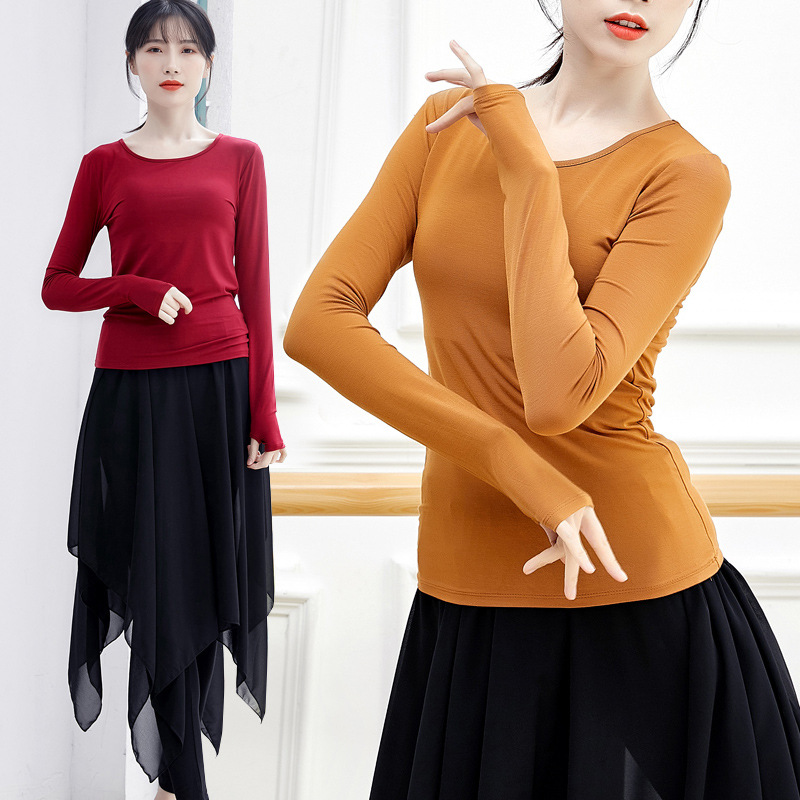Dance Practice Clothing for Women, Modern Classical Ethnic Modal Long-Sleeve Slim-Fit Fingerless Top Performance Costume