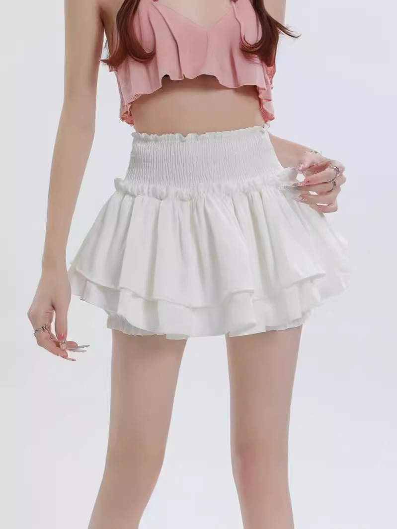 White Cake Skirt Short 2024 New Summer High Waist Slim Look Puffy Pleated Anti-running Light Women's Skirt Pants