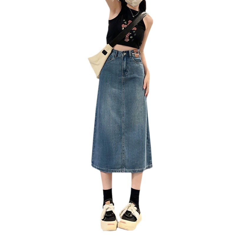 Half-length Denim Skirt Women's ins Trendy Niche Leather Brand High Waist Split Design Retro A- line Hip Mid-length Skirt for Women