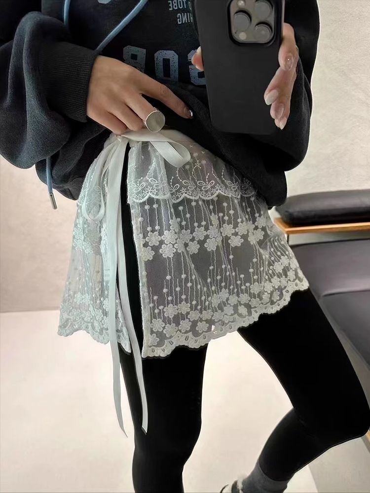 Korean Style White Mesh Lace Fart Curtain Women's Spring New 2025 Lace-up Stacked All-match Hip Covering Hip Covering Skirt