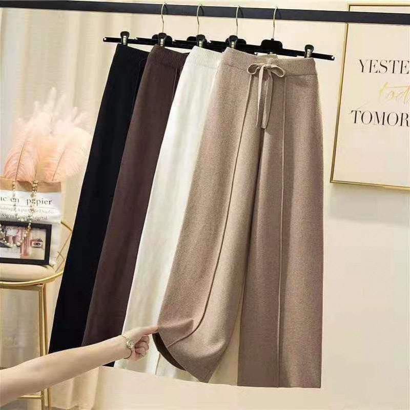 Knitted Wide-leg Pants Women's Autumn and Winter Cropped High Waist Straight Loose Wool Pants Lace-up Pants