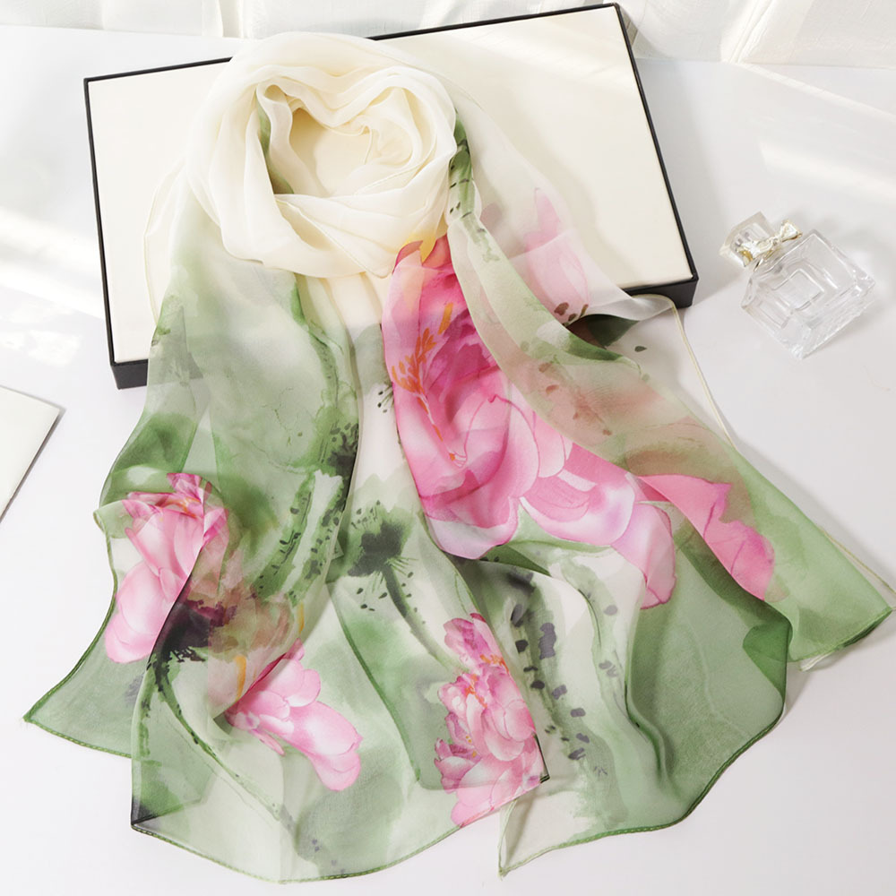 22 New Korean Style Fashionable Thin Long Printed Silk Scarf Sun Protection Scarf Imitation Silk Decorative Sun Protection Silk Scarf for Women Spring and Summer