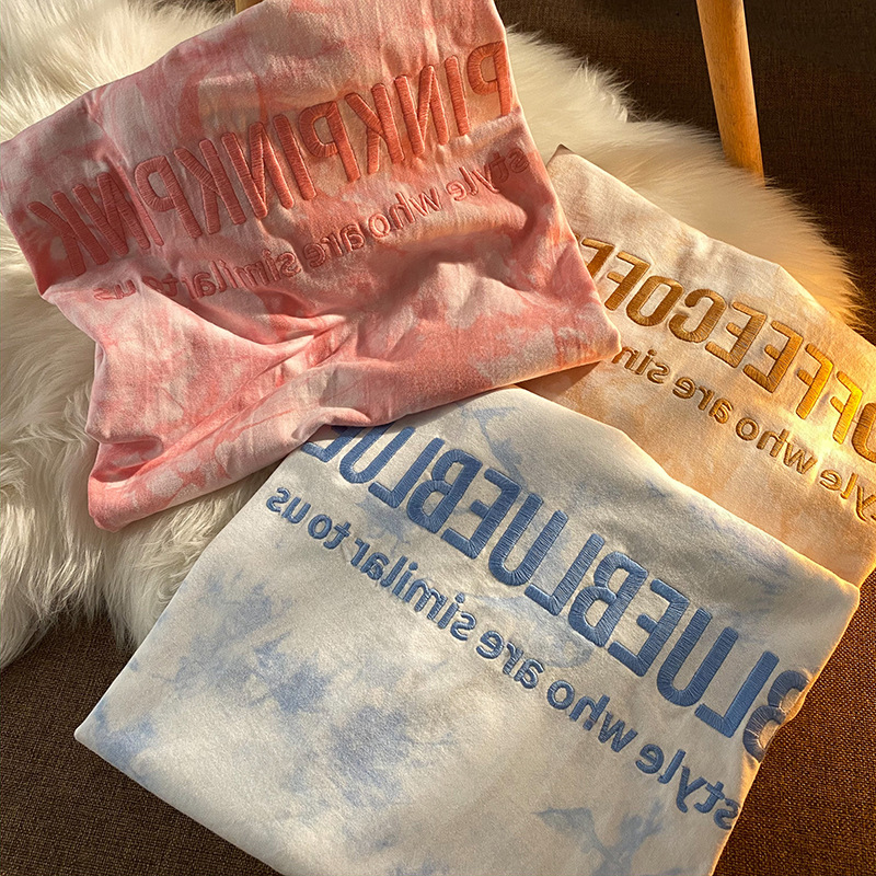 European and American Style Pullover New Tie-Dye Embroidered T-Shirt Women's Loose Internet Popular Same Style Instagram Fashionable Student Casual Top