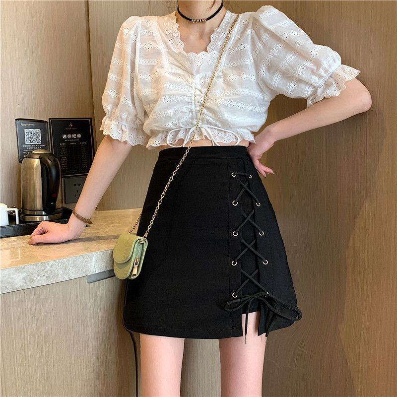 Women's Summer Slimming Look 2025 New Cross Strap Asymmetrical Skirt Trendy Skirt Hip-Covering High-Waisted A-Line Skirt