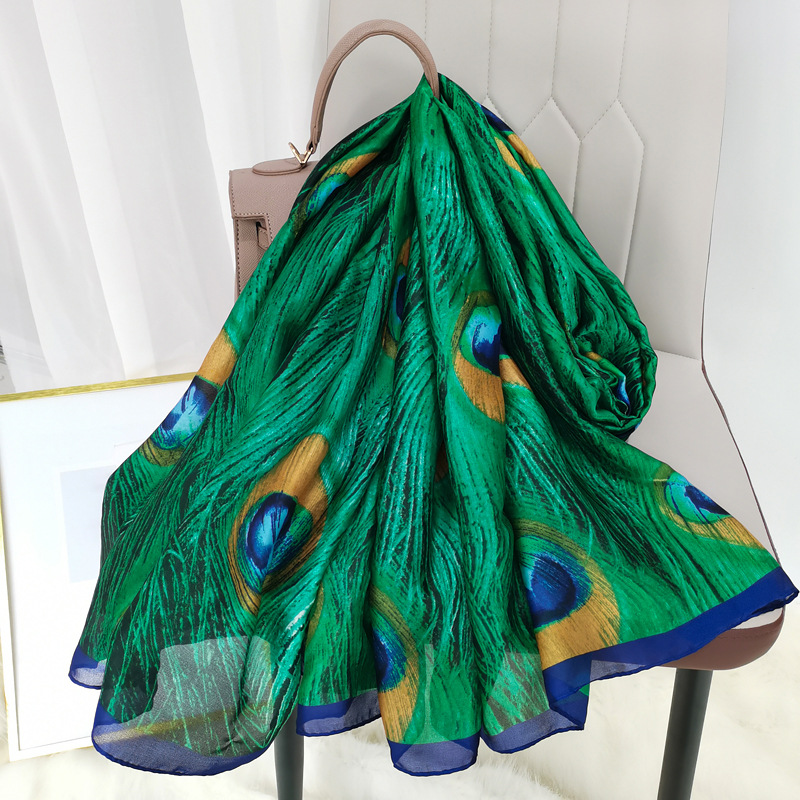 New Peacock Feather Scarf All-match Long Imitation Silky Brocade Scarf Scarf Beach Sunscreen Shawl Scarf