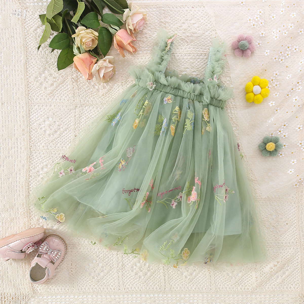 Summer New Girls Sweet Cute Flower Strap Mesh dress