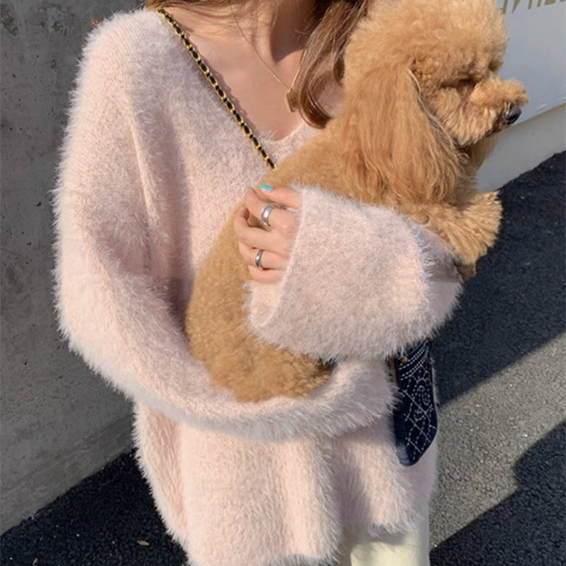 Picture of 2024 Autumn and Winter New Korean Style White V-neck Haima Fur Sweater Women's Loose Imitation Mink Velvet Knitted Base Top