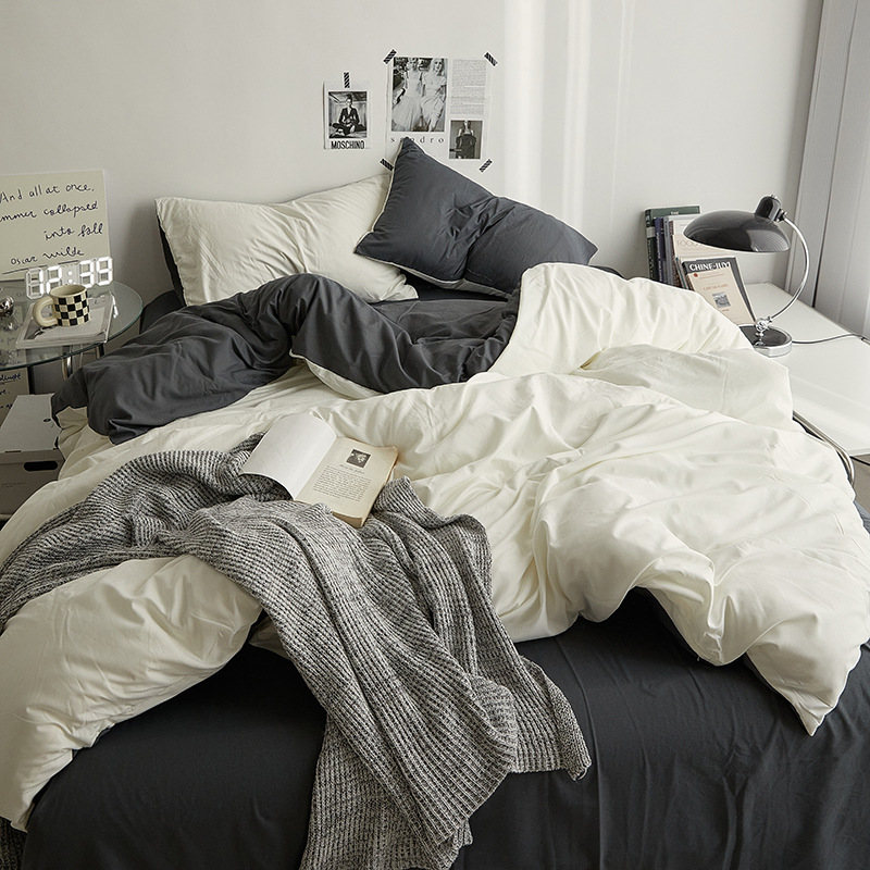ins style solid color double wash cotton bed four-piece set student dormitory bed sheet quilt cover three-piece set Wholesale