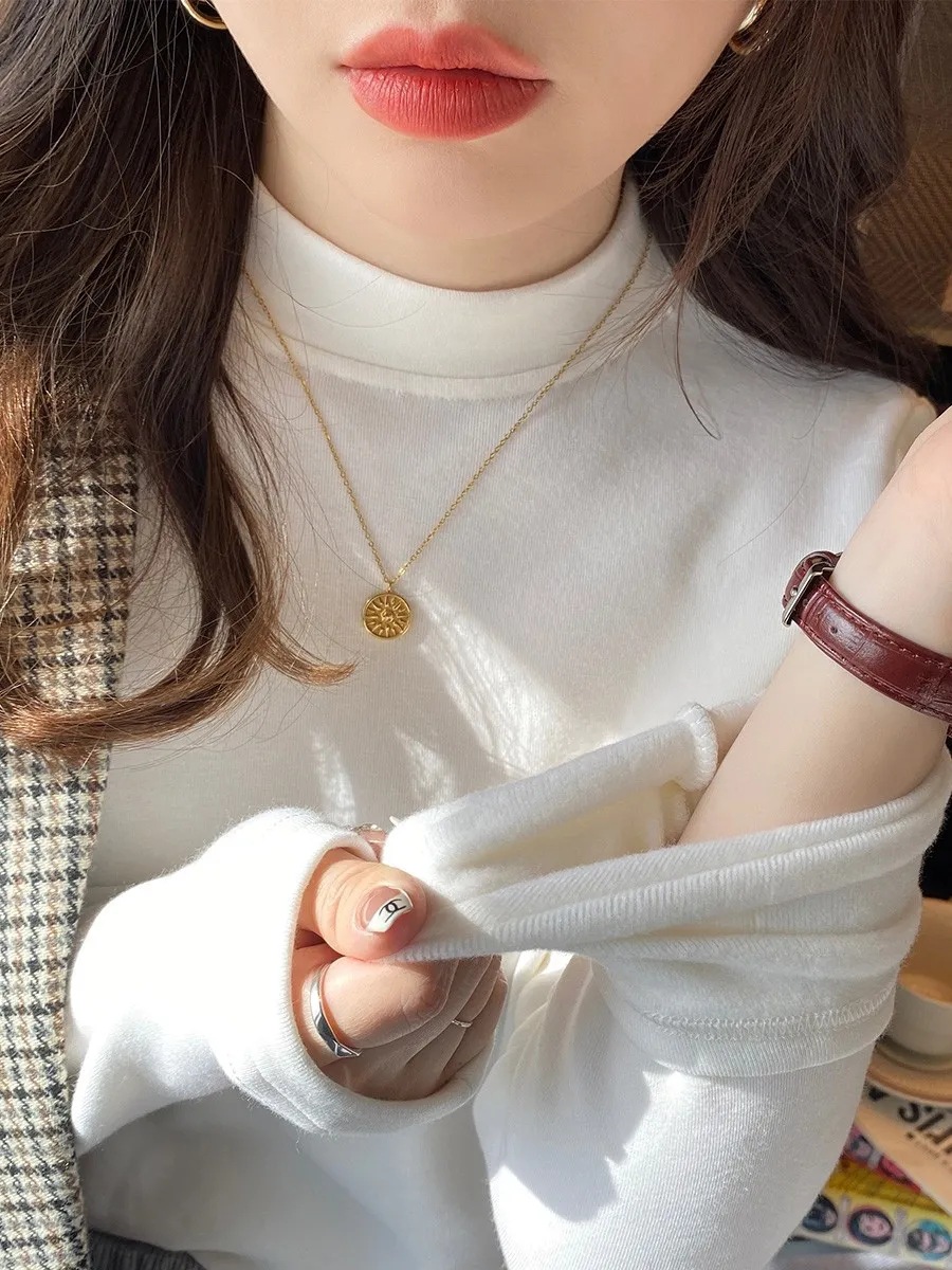 Half-high Collar fleece-lined Base Shirt Women's Autumn and Winter New Lightweight High-end Reinforced Small Collar Long-sleeved Trendy Top