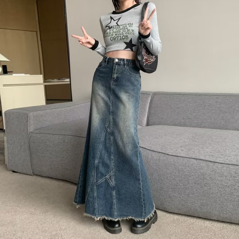 Niche Spice Girl Design Sense Lotus Leaf Hip Fishtail Skirt Women's 2023 Autumn and Winter New High Waist Split Denim Skirt