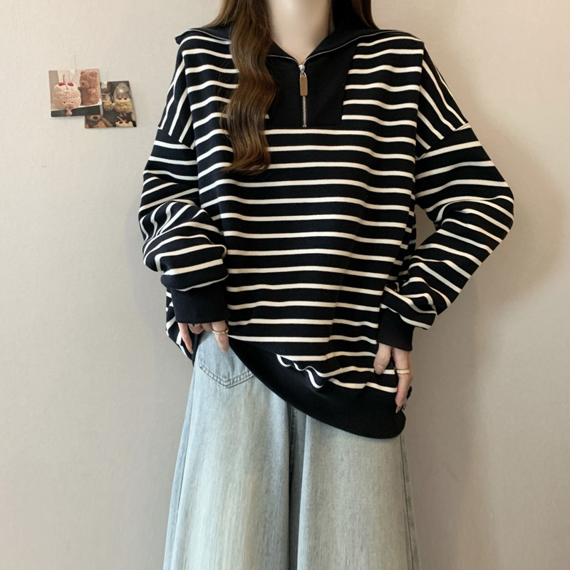 Picture of 2024 Spring and Autumn New Navy Collar Casual Sweater Women's Striped Shirt plus size Design Niche Long Sleeve T-Shirt Top