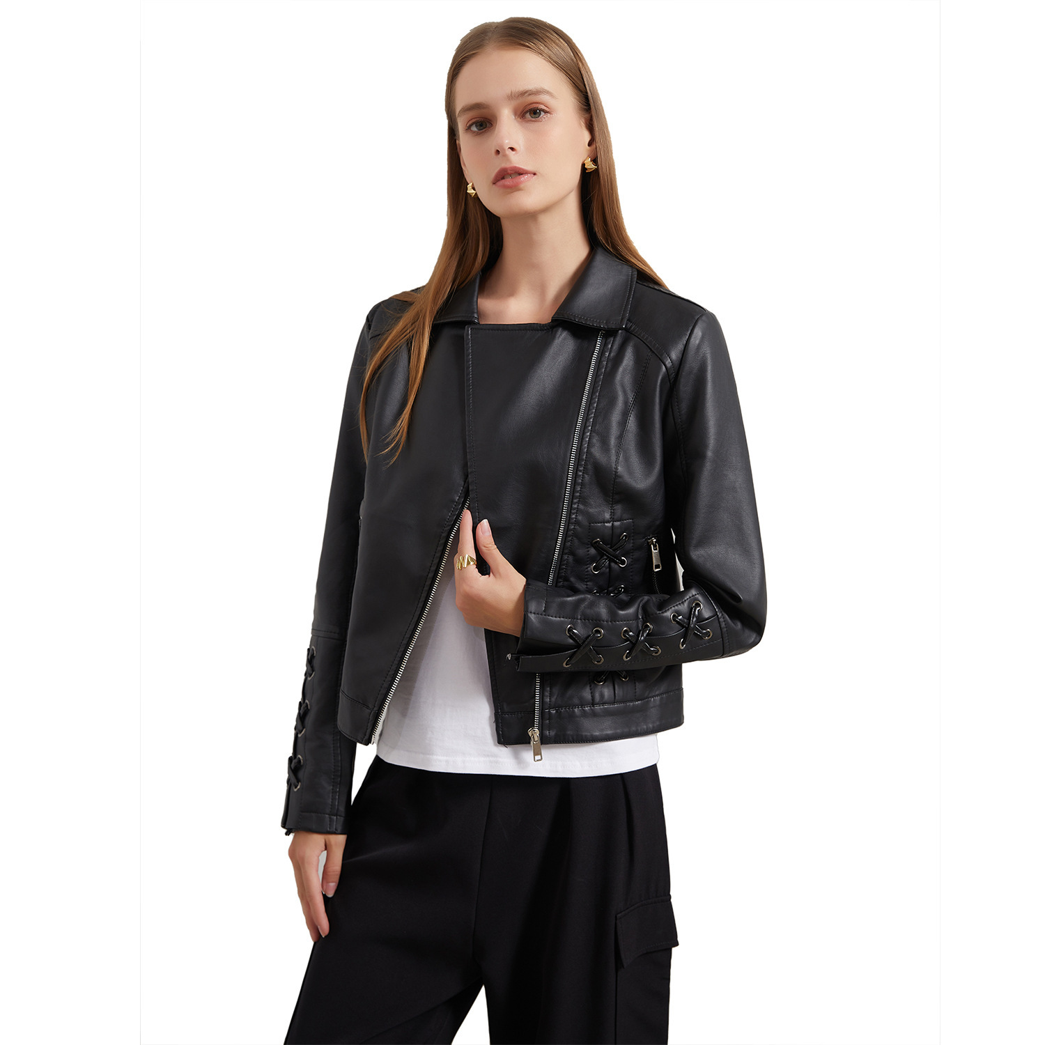 Export clothing Niche Design Boutique Knitted PU Leather Clothing Strap Fashion Women's Coat European and American Leather Clothing